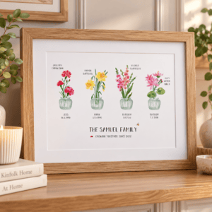 Personalised family print featuring birth flowers for each family member.