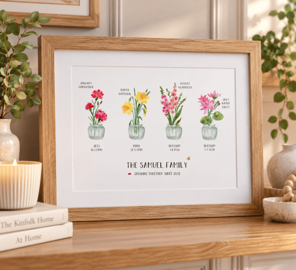 Personalised family print featuring birth flowers for each family member.