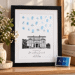 Personalised wedding fingerprint guest book print with venue illustration and signatures.