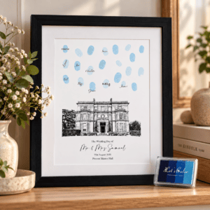Wedding Fingerprint Manor Keepsake Display Personalised wedding fingerprint guest book print with venue illustration and signatures.