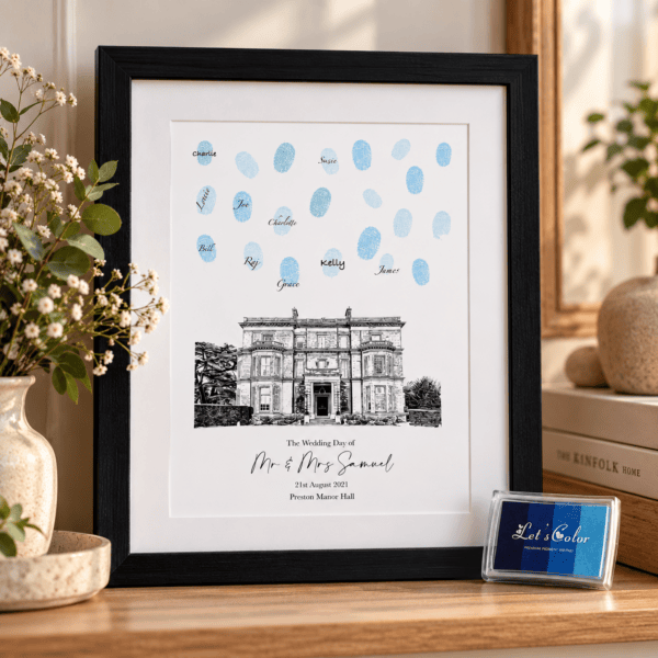 Wedding Fingerprint Manor Keepsake Display Personalised wedding fingerprint guest book print with venue illustration and signatures.