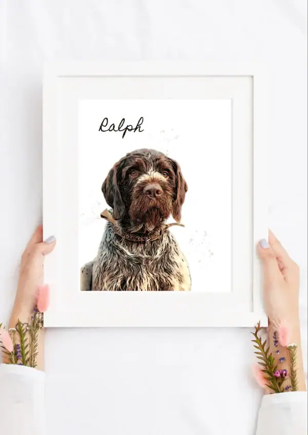 Personalised watercolor pet portrait of a dog with the name Ralph.