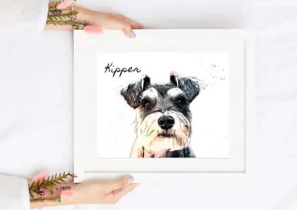 Custom watercolour pet portrait of a dog with the name Kipper.