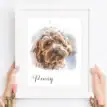 Personalised watercolor pet portrait of a brown dog with the name Penny.