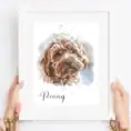 Personalised watercolor pet portrait of a brown dog with the name Penny.