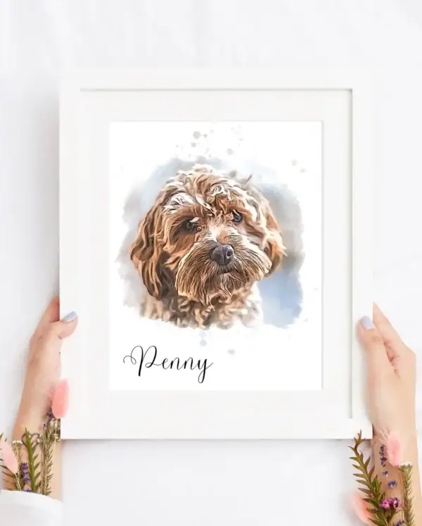 Personalised watercolor pet portrait of a brown dog with the name Penny.