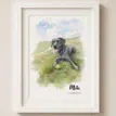 Watercolour portrait of Milo, a black Labrador with a yellow ball in a grassy field.