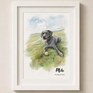 Watercolour portrait of Milo, a black Labrador with a yellow ball in a grassy field.