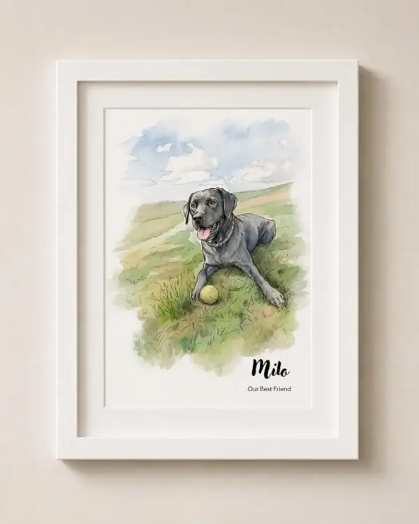 Watercolour portrait of Milo, a black Labrador with a yellow ball in a grassy field.