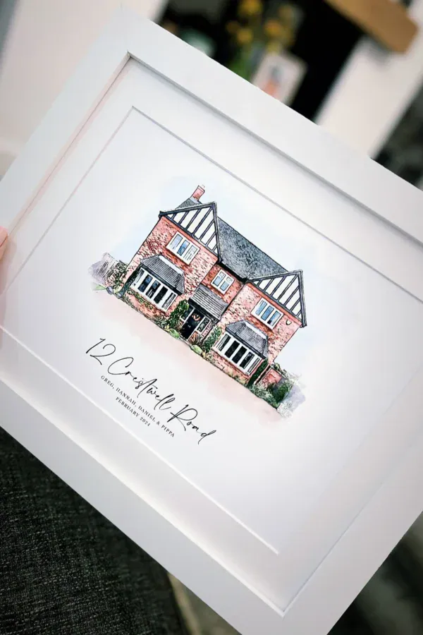 Watercolour house portrait in a white frame, custom art by Artiecrafts by Lucy.