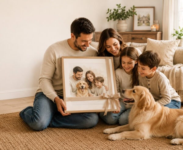 family dog Family with dog holding a framed family photo in living room.