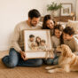 Family with dog holding a framed family photo in living room.