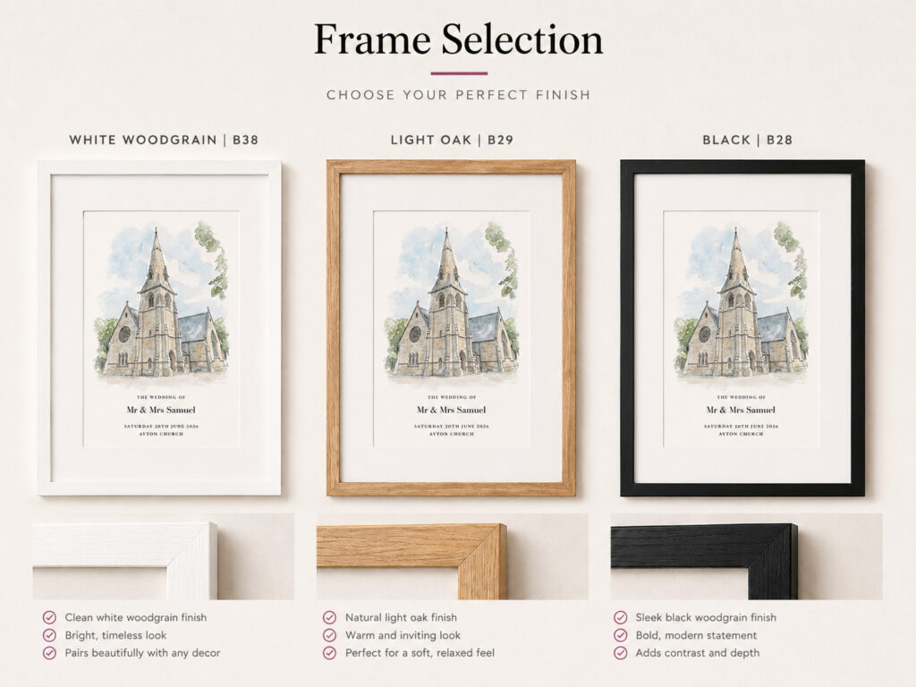 Selection of three wooden frames in white, light oak, and black for baby artwork display.