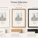 Selection of three wooden frames in white, light oak, and black for baby artwork display.