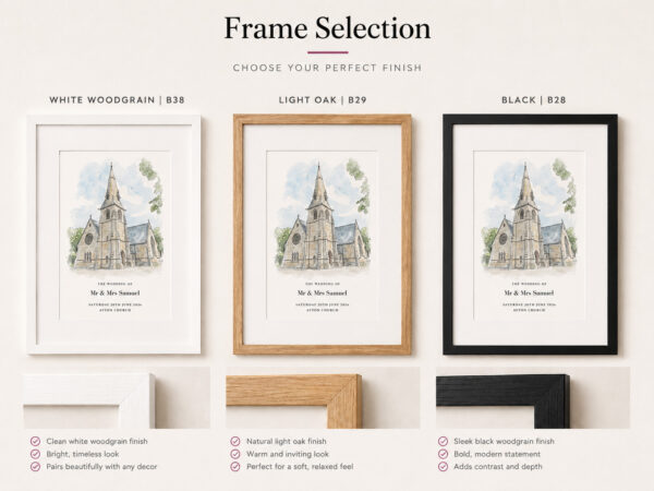Elegant Wooden Frame Options for Baby Prints Selection of three wooden frames in white, light oak, and black for baby artwork display.