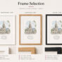 Selection of three wooden frames in white, light oak, and black for baby artwork display.