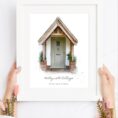 Personalised watercolour front door portrait with greenery in a white frame.