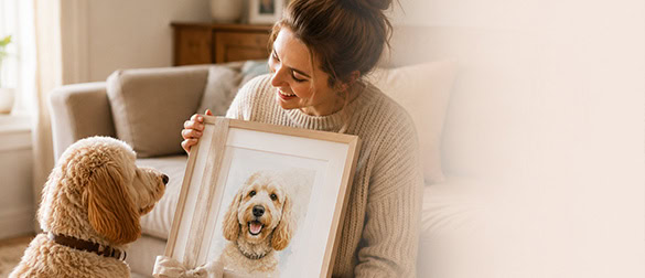 Woman holding a framed painting of her dog, smiling at her pet.