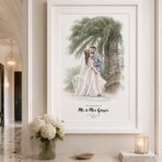 Personalised wedding portrait watercolor illustration of couple under palm tree.