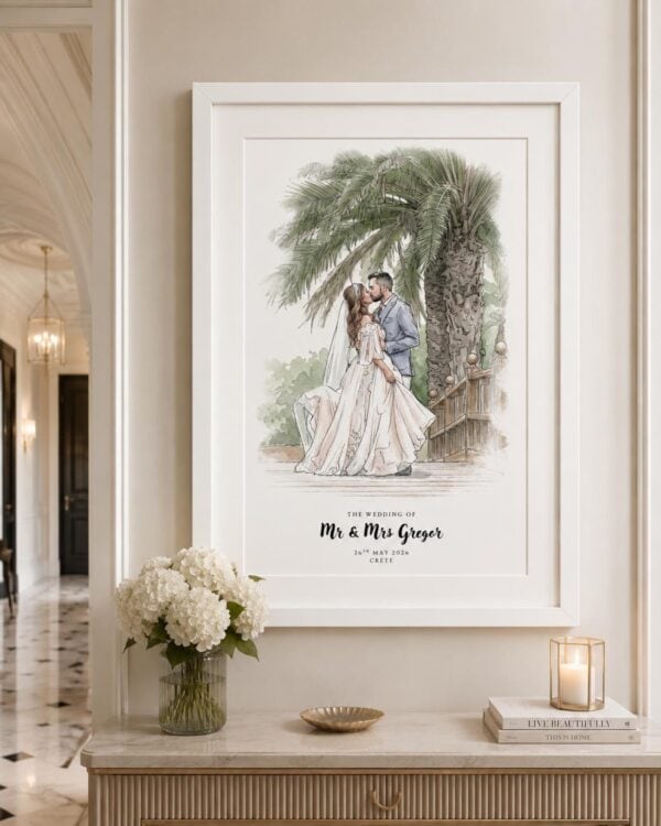 Personalised wedding portrait watercolor illustration of couple under palm tree.