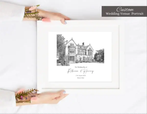 Personalised wedding venue illustration of a historic mansion from photo.