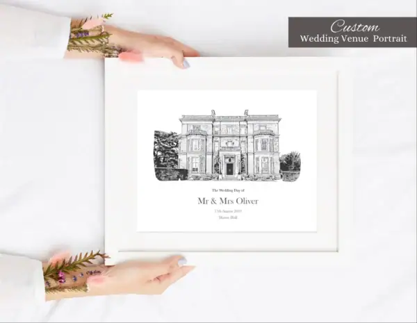 Custom wedding venue portrait illustration for Mr & Mrs Oliver on their wedding day.