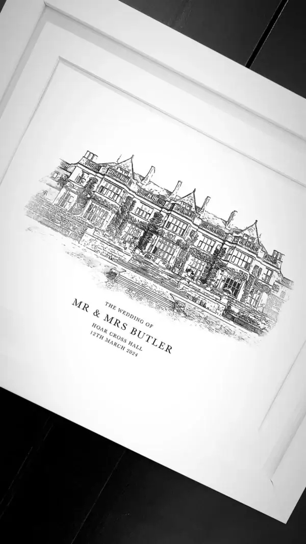 Wedding invitation with a detailed illustration of a historic venue.