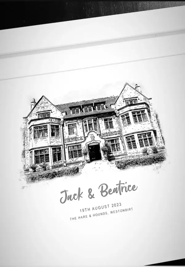 Personalised wedding venue illustration of The Hare & Hounds, Westonbirt.