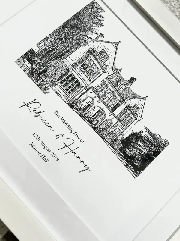 Personalised wedding venue illustration of Manor Hall for Harry and Rebecca's wedding.