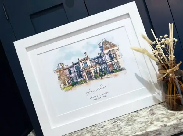 wedding venue illustration (5) Watercolor painting of a historic hotel with elegant architecture and lush surroundings.