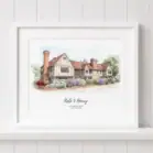 Watercolor painting of a historic cottage with colorful flowers and trees.