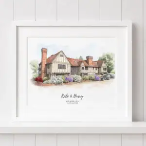 Watercolor painting of a historic cottage with colorful flowers and trees.