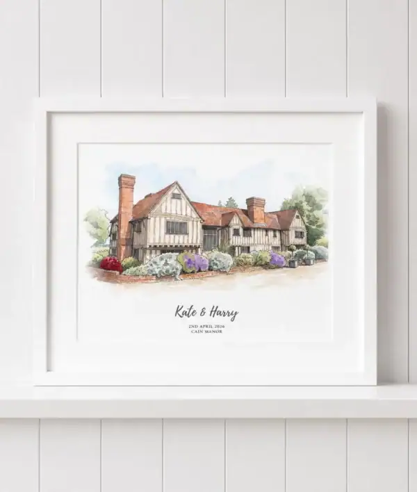 wedding venue illustration (6) Watercolor painting of a historic cottage with colorful flowers and trees.