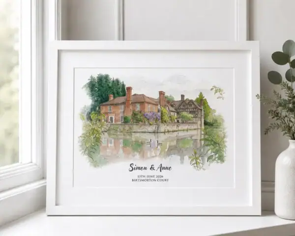 wedding venue illustration (7) Watercolor painting of historic houses by a river with greenery.