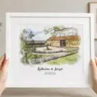 Watercolor painting of a countryside scene with a stone cottage and trees.