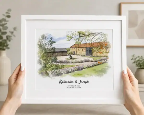 wedding venue illustration (8) Watercolor painting of a countryside scene with a stone cottage and trees.
