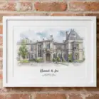 Watercolor painting of a historic hotel with personalized names and date.