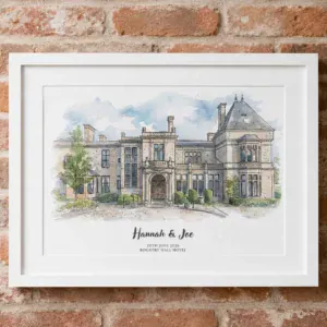 Watercolor painting of a historic hotel with personalized names and date.