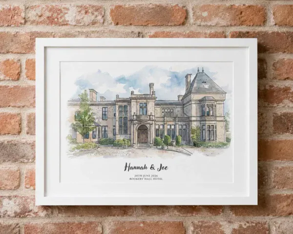 wedding venue illustration (9) Watercolor painting of a historic hotel with personalized names and date.
