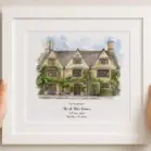 Watercolor illustration of a charming country house with greenery and blue sky.