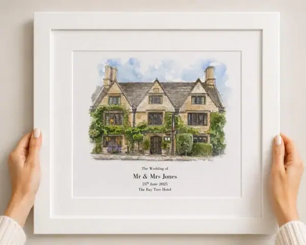 wedding venue portrait (6) Watercolor illustration of a charming country house with greenery and blue sky.