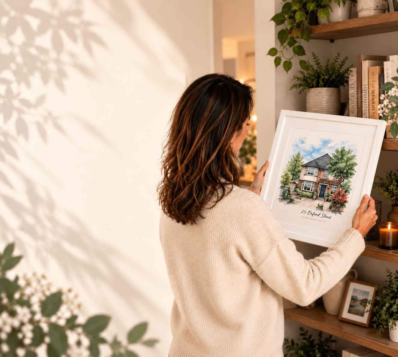 Woman holding a framed watercolor painting of a house and garden.