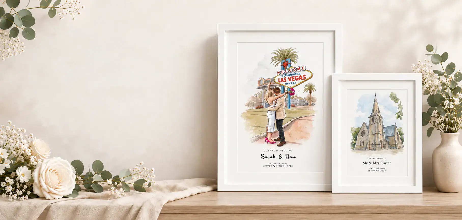 Custom watercolor prints of Las Vegas and a historic church for home decor.