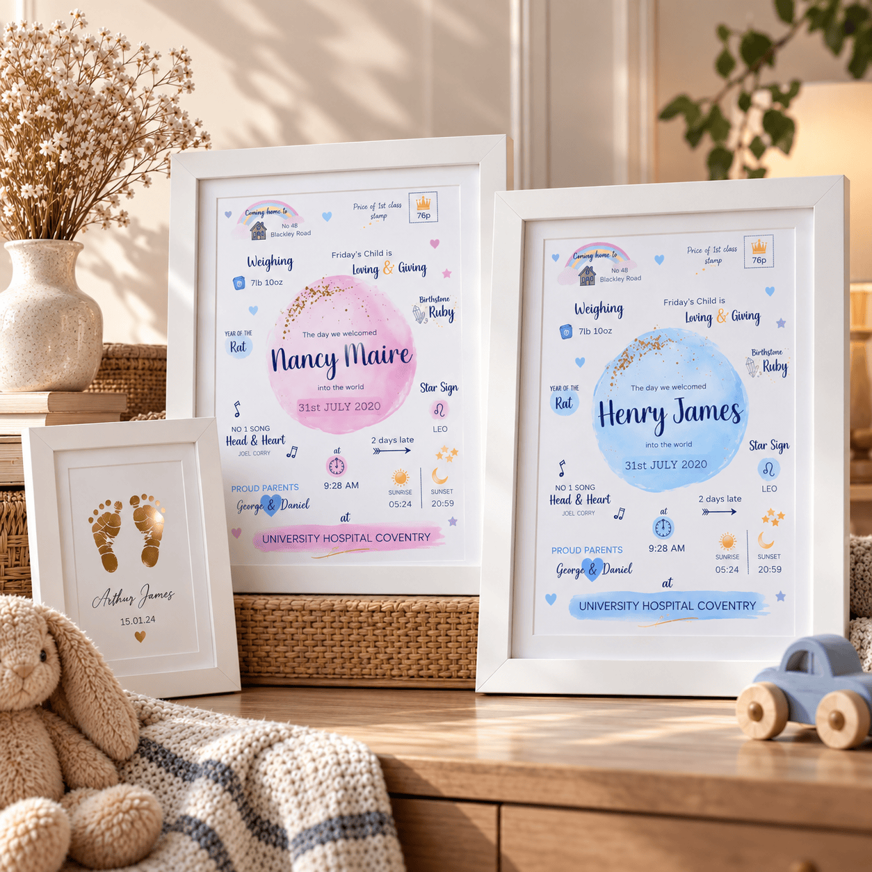 Personalized baby birth announcement framed prints for Nancy Maire and Henry James.
