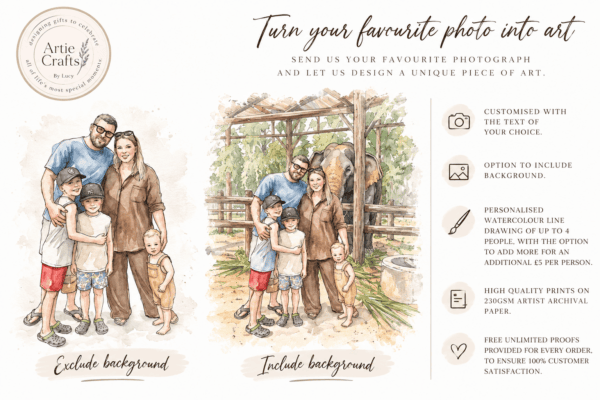 Personalised Watercolour Family Portraits Personalised watercolor family portrait featuring four members outdoors with a wooden fence and lush.