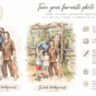 Personalised watercolor family portrait featuring four members outdoors with a wooden fence and lush.
