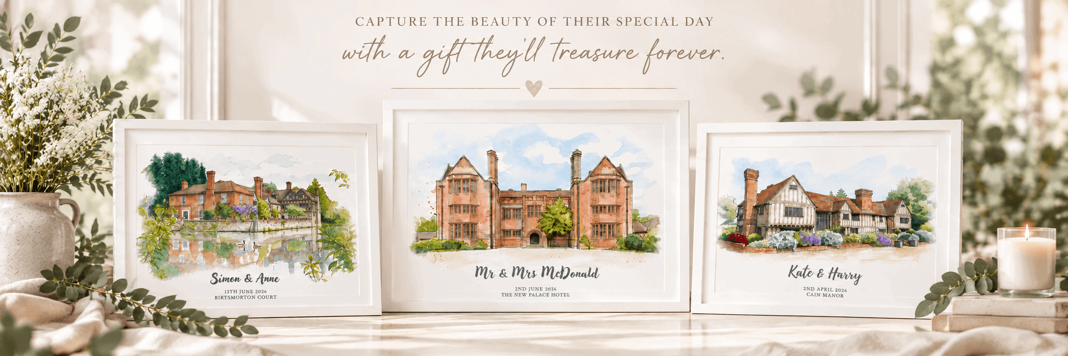 Custom watercolor house portraits in elegant white frames for home decor.