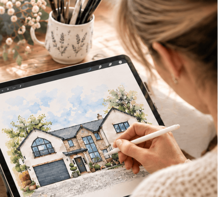 Person creating a watercolor house portrait on a tablet with art supplies nearby.