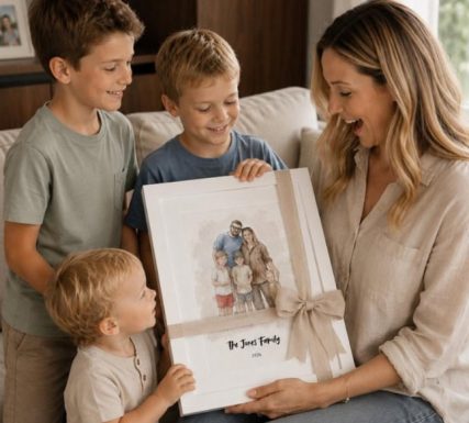 Family sharing a personalized photo gift from Artiecrafts by Lucy.