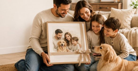 Family with dog holding a framed family photo in living room.